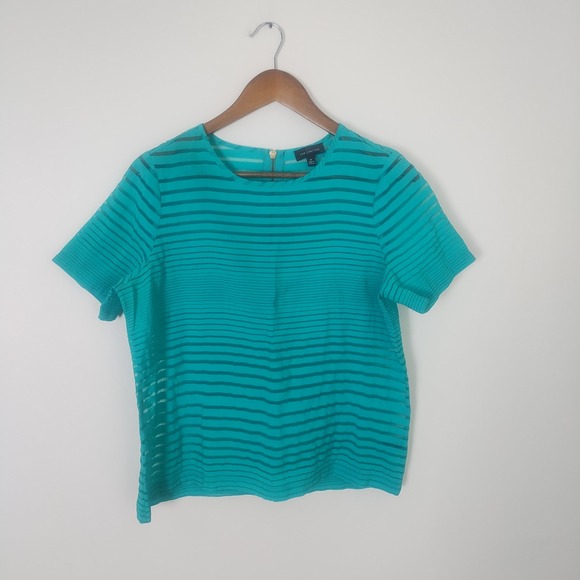 The Limited Tops - The Limited Sheer Stripe Blouse Women's Medium Teal Zipper Back Chic